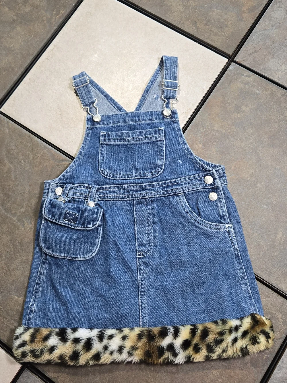 The Children's Place Denim Jumper Overall Dress Leopard Trim 3T New Safari Chic - Picture 2 of 11